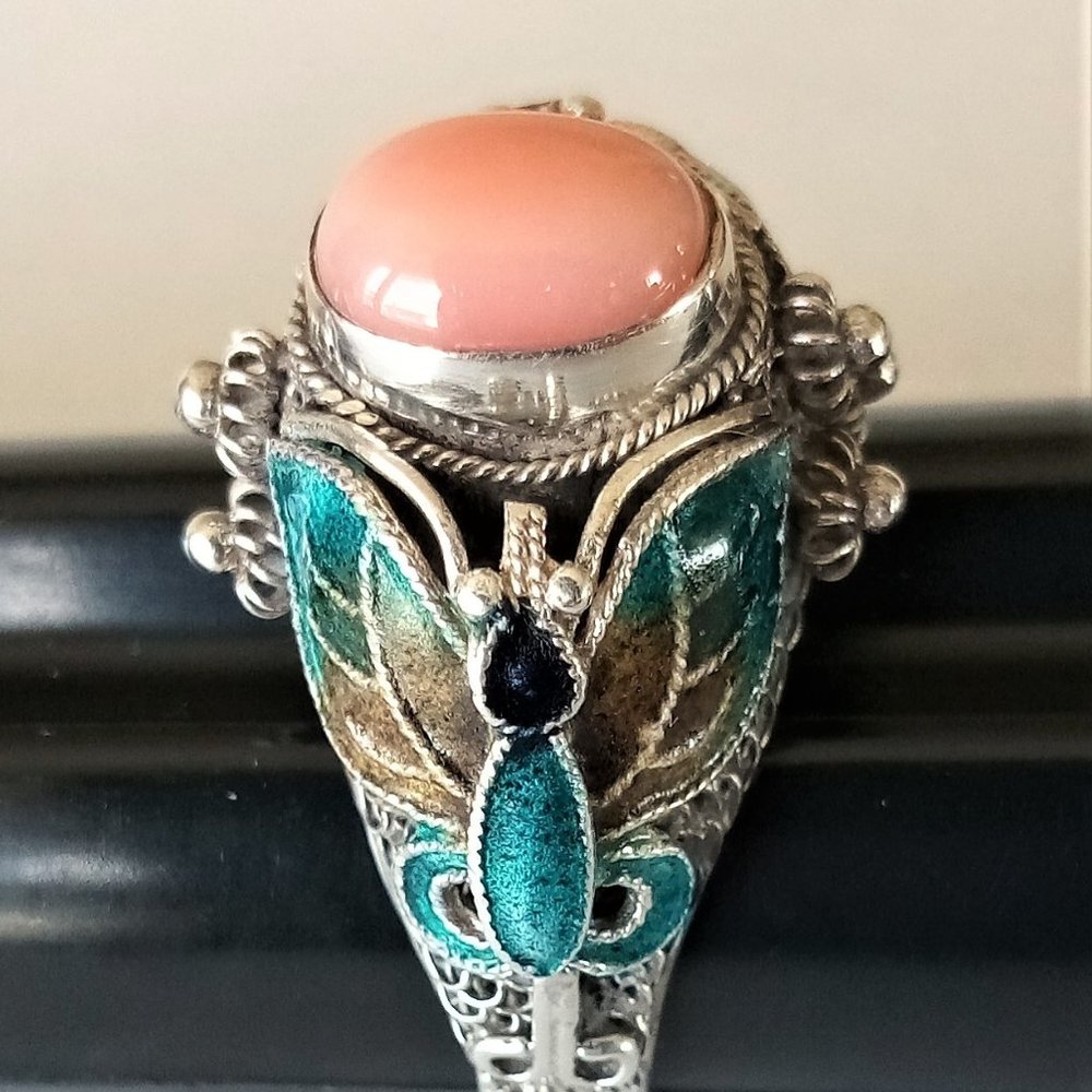 CLOISONNE AND PEACH SILVER RING (8)